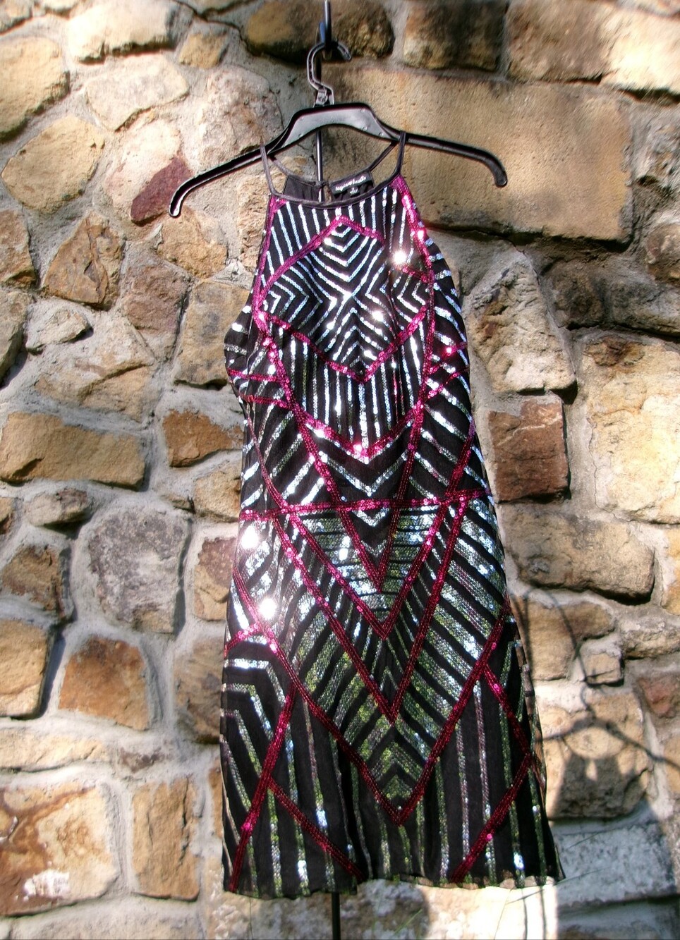 Sequin Hearts Black Dress with Magenta & Silver Geometric Sequins